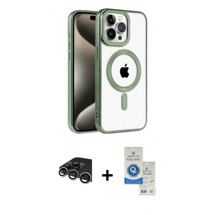 MARSİLYAN™- iPhone 14 Pro Max Kılıf Eksen Form Koleksiyonu - Şeffaf Royal Nano Ekran Koruyucu + Raze Metal Kamera Lens - GS