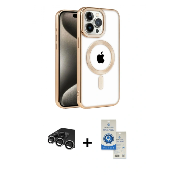 MARSİLYAN™- iPhone 14 Pro Max Kılıf Eksen Form Koleksiyonu - Şeffaf Royal Nano Ekran Koruyucu + Raze Metal Kamera Lens - GS