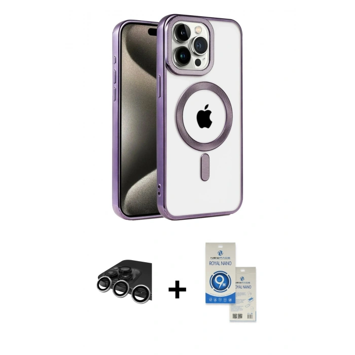 MARSİLYAN™- iPhone 14 Pro Max Kılıf Eksen Form Koleksiyonu - Şeffaf Royal Nano Ekran Koruyucu + Raze Metal Kamera Lens - GS