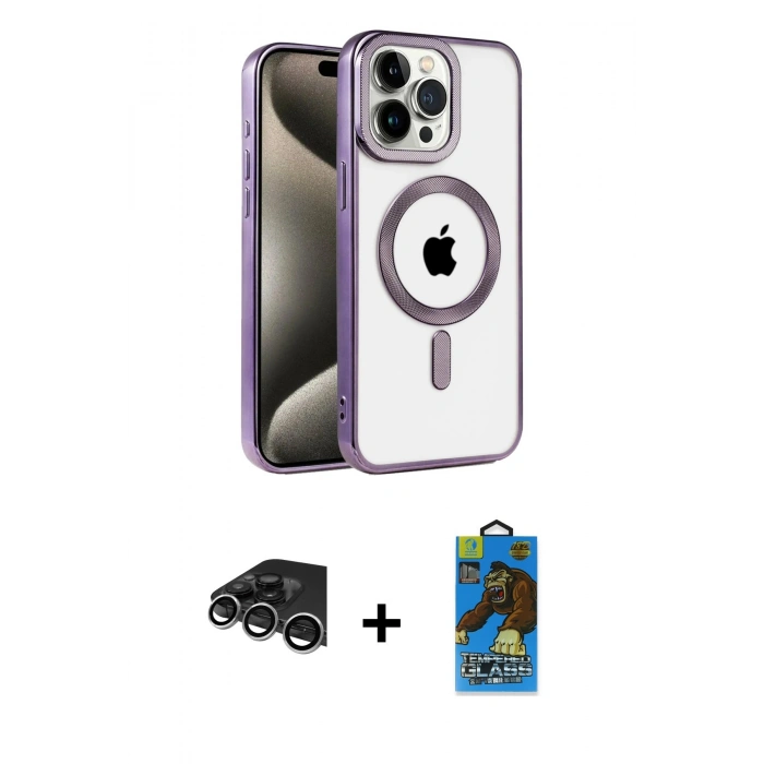 MARSİLYAN™- iPhone 14 Pro Max Kılıf Eksen Form Koleksiyonu - Siyah 18D Cam Ekran Koruyucu + Raze Metal Kamera Lens - GS