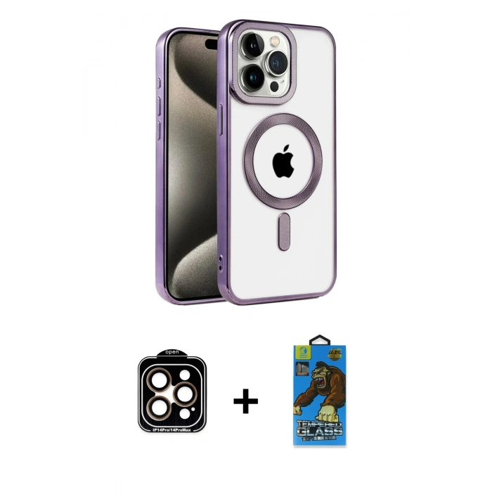 MARSİLYAN™- iPhone 14 Pro Max Kılıf Eksen Form Koleksiyonu - Siyah 18D Cam Ekran Koruyucu + PVD Metal Kamera Lens - TU