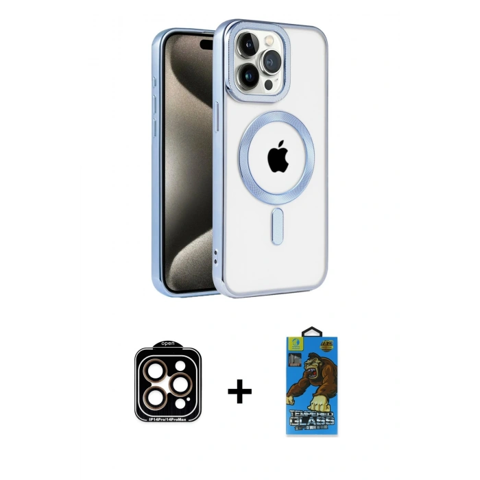 MARSİLYAN™- iPhone 14 Pro Max Kılıf Eksen Form Koleksiyonu - Siyah 18D Cam Ekran Koruyucu + PVD Metal Kamera Lens - TU