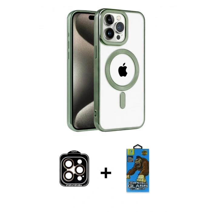 MARSİLYAN™- iPhone 14 Pro Max Kılıf Eksen Form Koleksiyonu - Siyah 18D Cam Ekran Koruyucu + PVD Metal Kamera Lens - TU