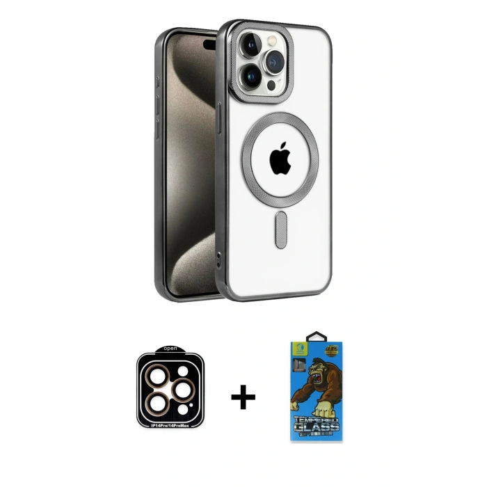 MARSİLYAN™- iPhone 14 Pro Max Kılıf Eksen Form Koleksiyonu - Siyah 18D Cam Ekran Koruyucu + PVD Metal Kamera Lens - TU