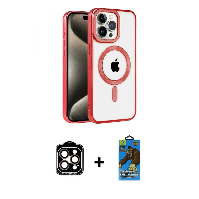 MARSİLYAN™- iPhone 14 Pro Max Kılıf Eksen Form Koleksiyonu - Siyah 18D Cam Ekran Koruyucu + PVD Metal Kamera Lens - TU