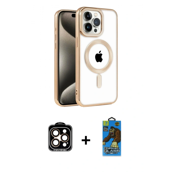 MARSİLYAN™- iPhone 14 Pro Max Kılıf Eksen Form Koleksiyonu - Siyah 18D Cam Ekran Koruyucu + PVD Metal Kamera Lens - TU