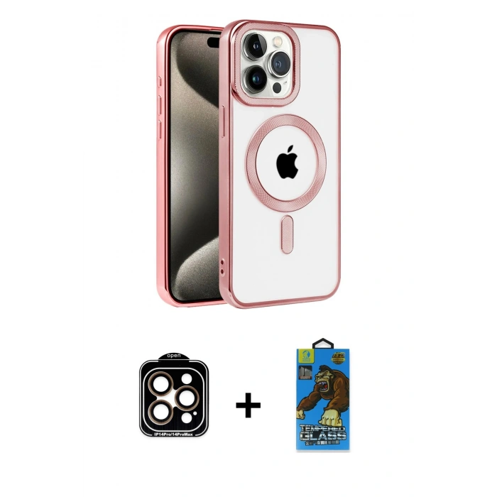 MARSİLYAN™- iPhone 14 Pro Max Kılıf Eksen Form Koleksiyonu - Siyah 18D Cam Ekran Koruyucu + PVD Metal Kamera Lens - TU
