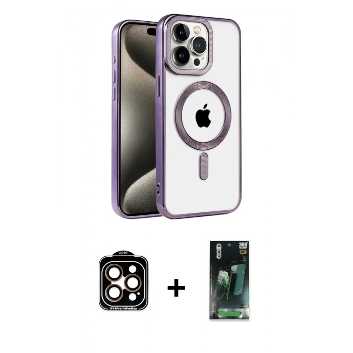 MARSİLYAN™- iPhone 14 Pro Max Kılıf Eksen Form Koleksiyonu - Siyah 360 Mat Full Body Arka Koruyucu + Turuncu PVD Metal Kamera Lens