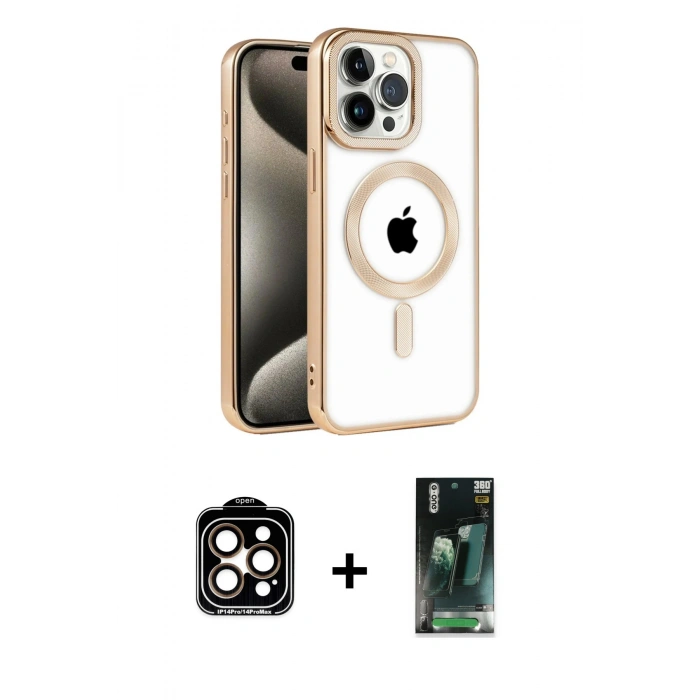 MARSİLYAN™- iPhone 14 Pro Max Kılıf Eksen Form Koleksiyonu - Siyah 360 Mat Full Body Arka Koruyucu + Turuncu PVD Metal Kamera Lens