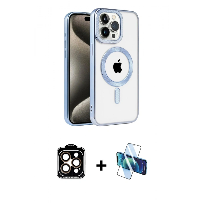 MARSİLYAN™- iPhone 14 Pro Max Kılıf Eksen Form Koleksiyonu - Siyah 3D Antistatik Cam Ekran Koruyucu + PVD Metal Kamera Lens - TU