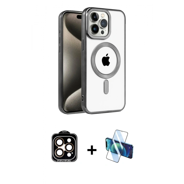 MARSİLYAN™- iPhone 14 Pro Max Kılıf Eksen Form Koleksiyonu - Siyah 3D Antistatik Cam Ekran Koruyucu + PVD Metal Kamera Lens - TU
