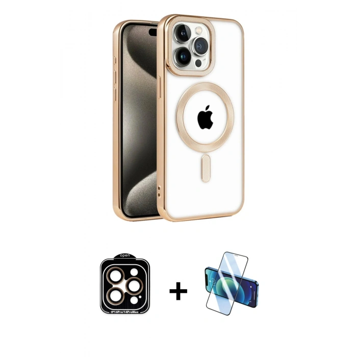MARSİLYAN™- iPhone 14 Pro Max Kılıf Eksen Form Koleksiyonu - Siyah 3D Antistatik Cam Ekran Koruyucu + PVD Metal Kamera Lens - TU