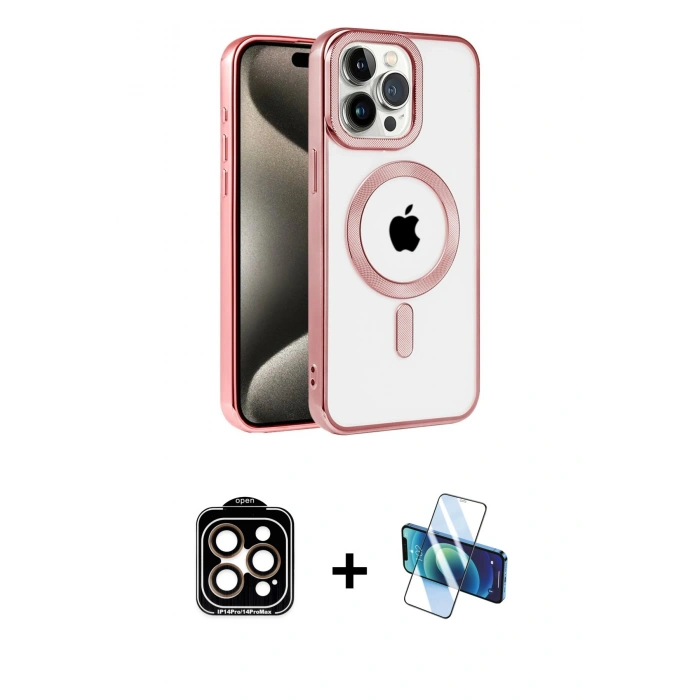 MARSİLYAN™- iPhone 14 Pro Max Kılıf Eksen Form Koleksiyonu - Siyah 3D Antistatik Cam Ekran Koruyucu + PVD Metal Kamera Lens - TU