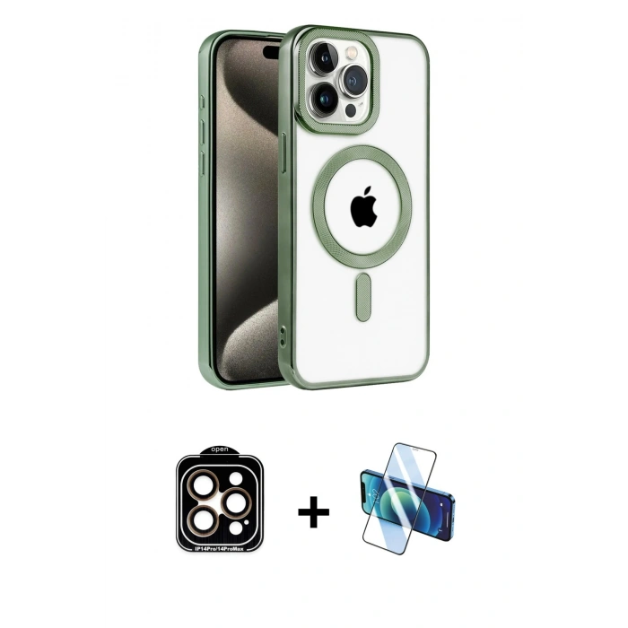 MARSİLYAN™- iPhone 14 Pro Max Kılıf Eksen Form Koleksiyonu - Siyah 3D Antistatik Cam Ekran Koruyucu + PVD Metal Kamera Lens - TU