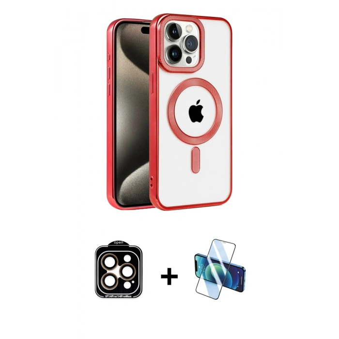 MARSİLYAN™- iPhone 14 Pro Max Kılıf Eksen Form Koleksiyonu - Siyah 3D Antistatik Cam Ekran Koruyucu + PVD Metal Kamera Lens - TU