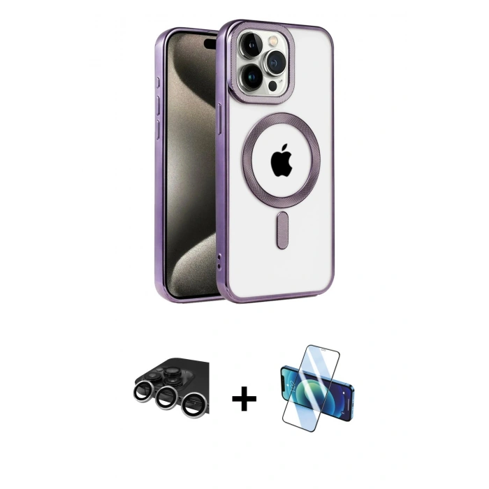 MARSİLYAN™- iPhone 14 Pro Max Kılıf Eksen Form Koleksiyonu - Siyah 3D Antistatik Cam Ekran Koruyucu + Raze Metal Kamera Lens - GS