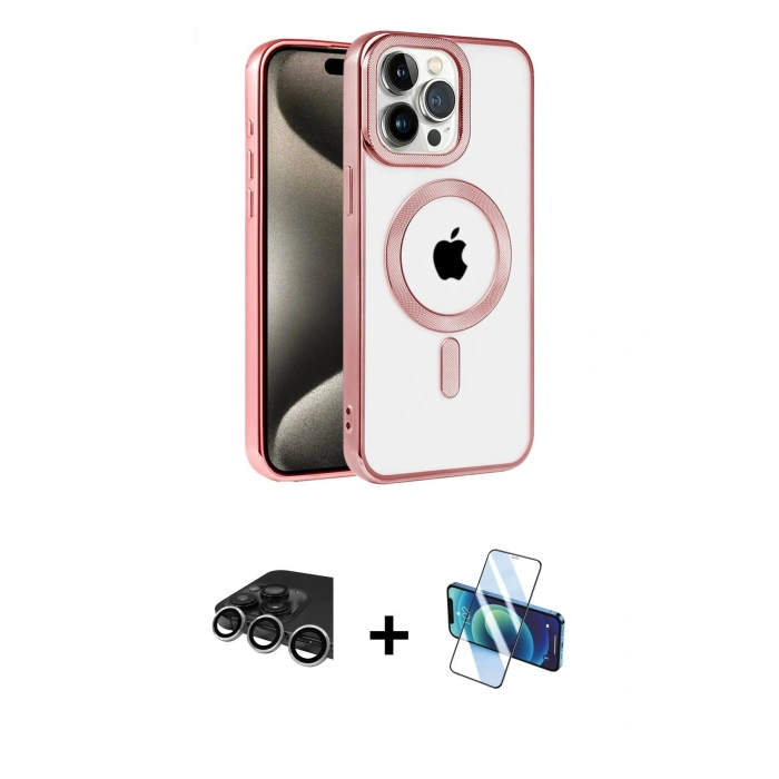 MARSİLYAN™- iPhone 14 Pro Max Kılıf Eksen Form Koleksiyonu - Siyah 3D Antistatik Cam Ekran Koruyucu + Raze Metal Kamera Lens - GS