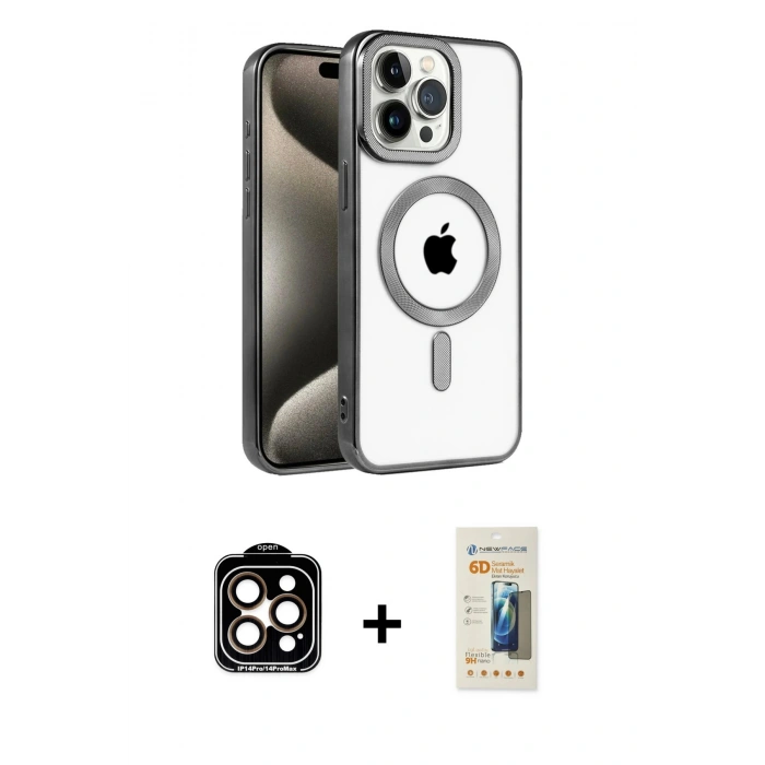 MARSİLYAN™- iPhone 14 Pro Max Kılıf Eksen Form Koleksiyonu - Siyah 6D Mat Seramik Hayalet Nano Ekran Koruyucu + PVD Metal Kamera Lens - TU