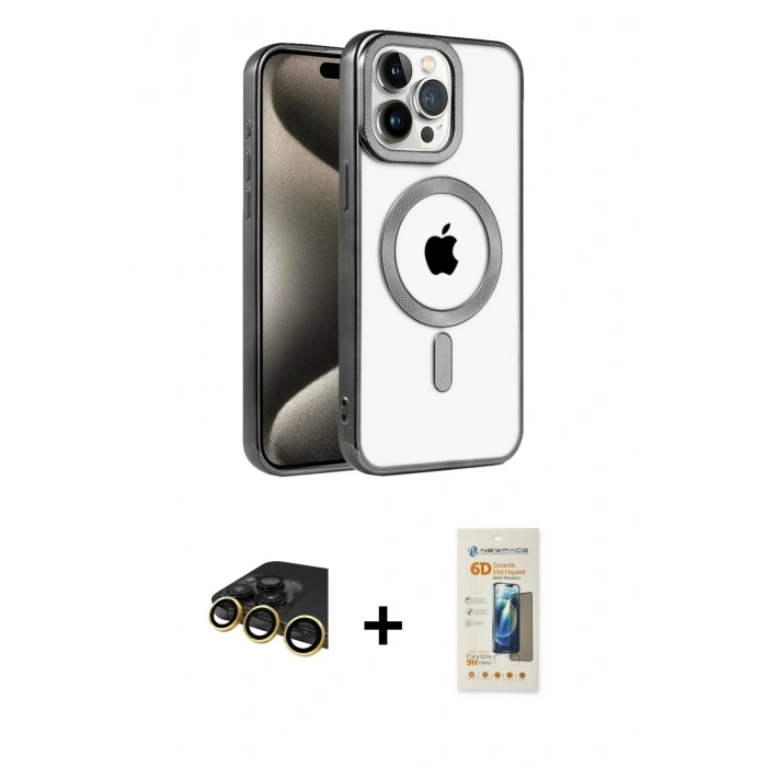 MARSİLYAN™- iPhone 14 Pro Max Kılıf Eksen Form Koleksiyonu - Siyah 6D Mat Seramik Hayalet Nano Ekran Koruyucu + Raze Metal Kamera Lens - GD