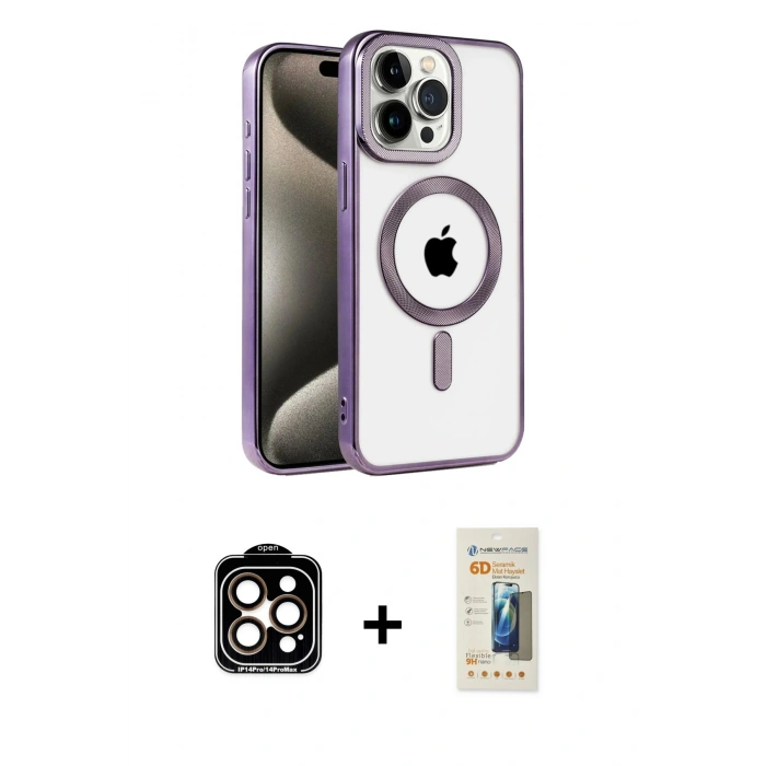 MARSİLYAN™- iPhone 14 Pro Max Kılıf Eksen Form Koleksiyonu - Siyah 6D Mat Seramik Hayalet Nano Ekran Koruyucu + PVD Metal Kamera Lens - TU