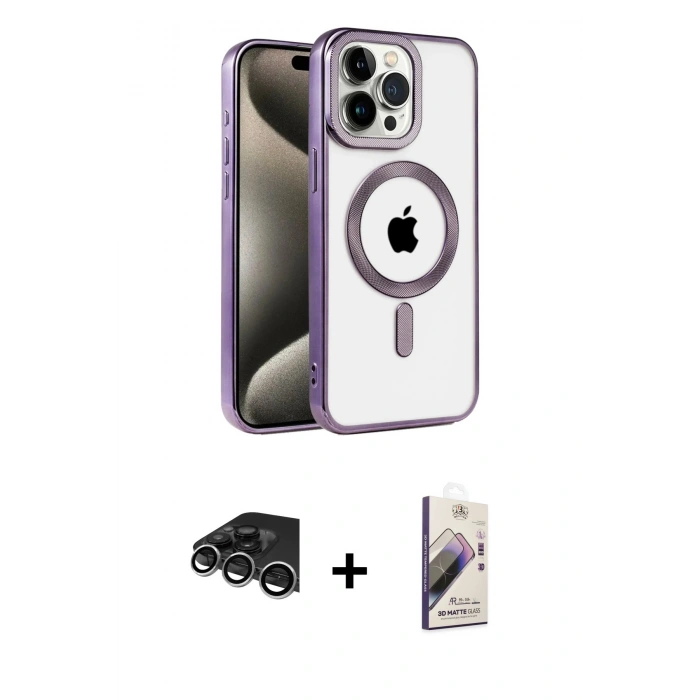 MARSİLYAN™- iPhone 14 Pro Max Kılıf Eksen Form Koleksiyonu - Siyah Bilvis 3D Mat Cam Ekran Koruyucu + Raze Metal Kamera Lens - GS