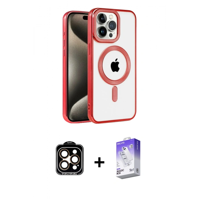 MARSİLYAN™- iPhone 14 Pro Max Kılıf Eksen Form Koleksiyonu - Siyah Bilvis 5in1 3D Magic Cam Ekran Koruyucu + PVD Metal Kamera Lens - TU