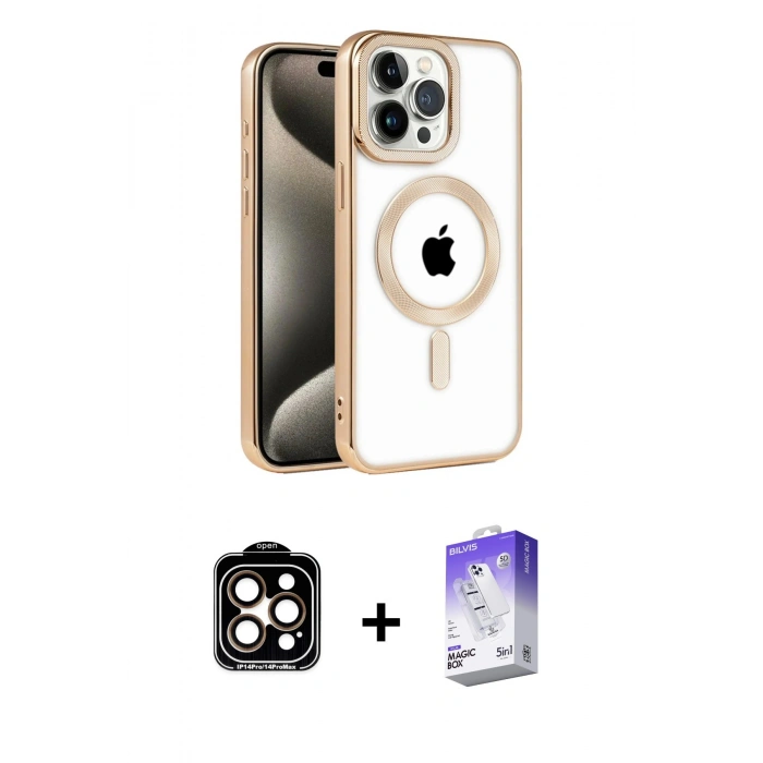 MARSİLYAN™- iPhone 14 Pro Max Kılıf Eksen Form Koleksiyonu - Siyah Bilvis 5in1 3D Magic Cam Ekran Koruyucu + PVD Metal Kamera Lens - TU