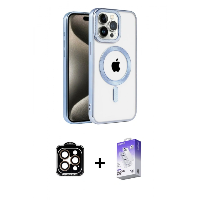 MARSİLYAN™- iPhone 14 Pro Max Kılıf Eksen Form Koleksiyonu - Siyah Bilvis 5in1 3D Magic Cam Ekran Koruyucu + PVD Metal Kamera Lens - TU