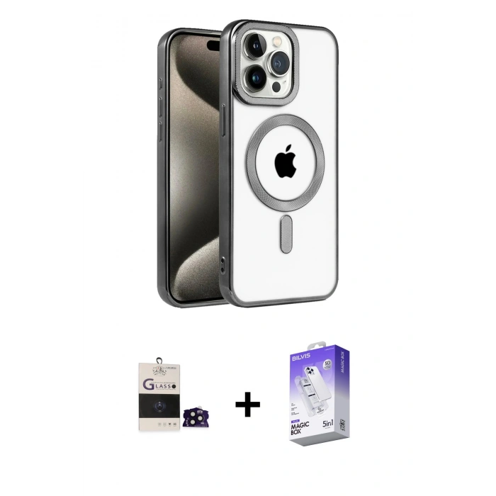 MARSİLYAN™- iPhone 14 Pro Max Kılıf Eksen Form Koleksiyonu - Siyah Bilvis 5in1 3D Magic Cam Ekran Koruyucu + Siyah Bilvis Titan Kamera Lens