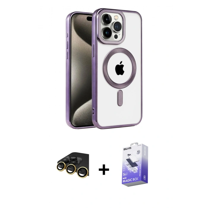 MARSİLYAN™- iPhone 14 Pro Max Kılıf Eksen Form Koleksiyonu - Siyah Bilvis 5in1 5D Magic Hayalet Cam Ekran Koruyucu + Raze Metal Kamera Lens - GD