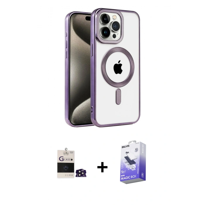 MARSİLYAN™- iPhone 14 Pro Max Kılıf Eksen Form Koleksiyonu - Siyah Bilvis 5in1 5D Magic Hayalet Cam Ekran Koruyucu + Derin Mor Bilvis Titan Kamera Lens