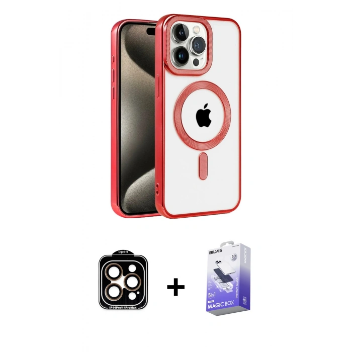 MARSİLYAN™- iPhone 14 Pro Max Kılıf Eksen Form Koleksiyonu - Siyah Bilvis 5in1 5D Magic Hayalet Cam Ekran Koruyucu + PVD Metal Kamera Lens - TU