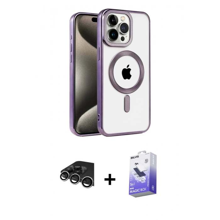 MARSİLYAN™- iPhone 14 Pro Max Kılıf Eksen Form Koleksiyonu - Siyah Bilvis 5in1 5D Magic Hayalet Cam Ekran Koruyucu + Raze Metal Kamera Lens - GS