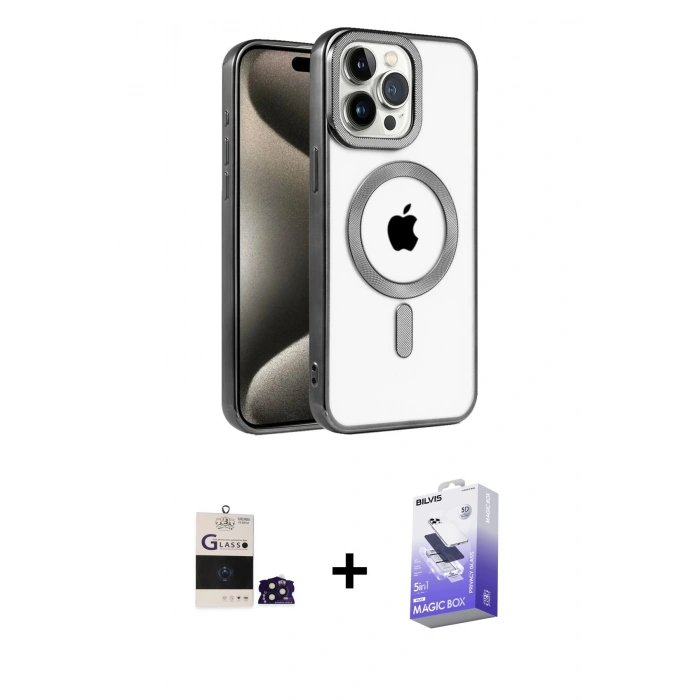 MARSİLYAN™- iPhone 14 Pro Max Kılıf Eksen Form Koleksiyonu - Siyah Bilvis 5in1 5D Magic Hayalet Cam Ekran Koruyucu + Derin Mor Bilvis Titan Kamera Lens