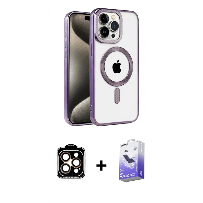 MARSİLYAN™- iPhone 14 Pro Max Kılıf Eksen Form Koleksiyonu - Siyah Bilvis 5in1 5D Magic Hayalet Cam Ekran Koruyucu + PVD Metal Kamera Lens - TU