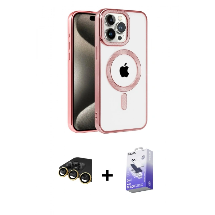 MARSİLYAN™- iPhone 14 Pro Max Kılıf Eksen Form Koleksiyonu - Siyah Bilvis 5in1 5D Magic Hayalet Cam Ekran Koruyucu + Raze Metal Kamera Lens - GD