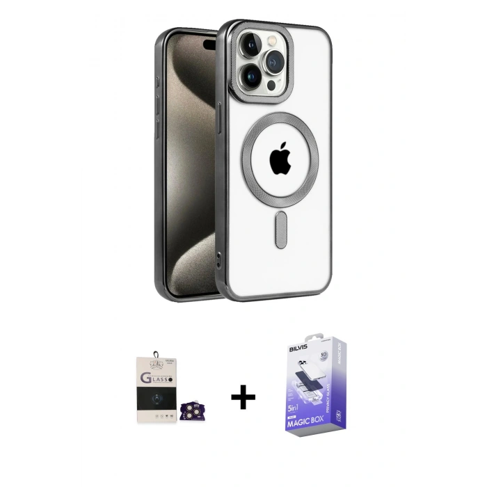 MARSİLYAN™- iPhone 14 Pro Max Kılıf Eksen Form Koleksiyonu - Siyah Bilvis 5in1 5D Magic Hayalet Cam Ekran Koruyucu + Bilvis Titan Kamera Lens - GD