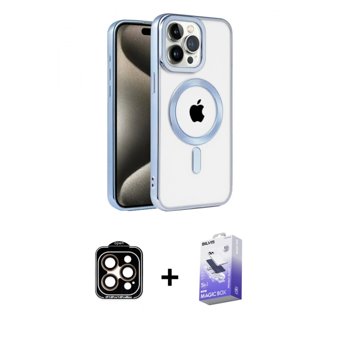 MARSİLYAN™- iPhone 14 Pro Max Kılıf Eksen Form Koleksiyonu - Siyah Bilvis 5in1 5D Magic Hayalet Cam Ekran Koruyucu + PVD Metal Kamera Lens - TU