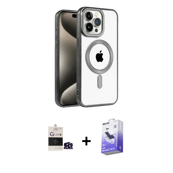 MARSİLYAN™- iPhone 14 Pro Max Kılıf Eksen Form Koleksiyonu - Siyah Bilvis 5in1 5D Magic Hayalet Cam Ekran Koruyucu + Siyah Bilvis Titan Kamera Lens