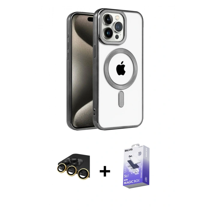 MARSİLYAN™- iPhone 14 Pro Max Kılıf Eksen Form Koleksiyonu - Siyah Bilvis 5in1 5D Magic Hayalet Cam Ekran Koruyucu + Raze Metal Kamera Lens - GD