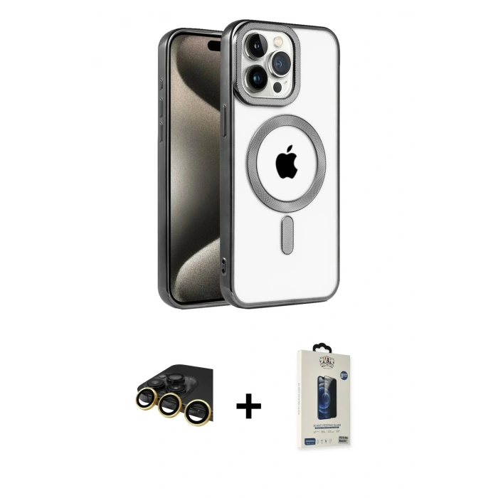 MARSİLYAN™- iPhone 14 Pro Max Kılıf Eksen Form Koleksiyonu - Siyah Bilvis Hayalet Cam Ekran Koruyucu + Gold Raze Metal Kamera Lens
