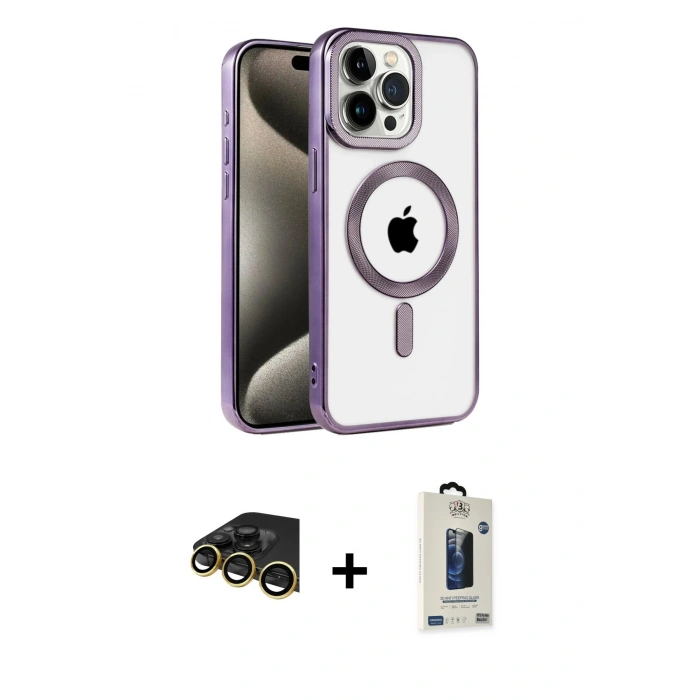 MARSİLYAN™- iPhone 14 Pro Max Kılıf Eksen Form Koleksiyonu - Siyah Bilvis Hayalet Cam Ekran Koruyucu + Gold Raze Metal Kamera Lens