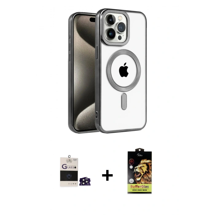 MARSİLYAN™- iPhone 14 Pro Max Kılıf Eksen Form Koleksiyonu - Siyah Buffer Cam Ekran Koruyucu + Bilvis Titan Kamera Lens - DNMR