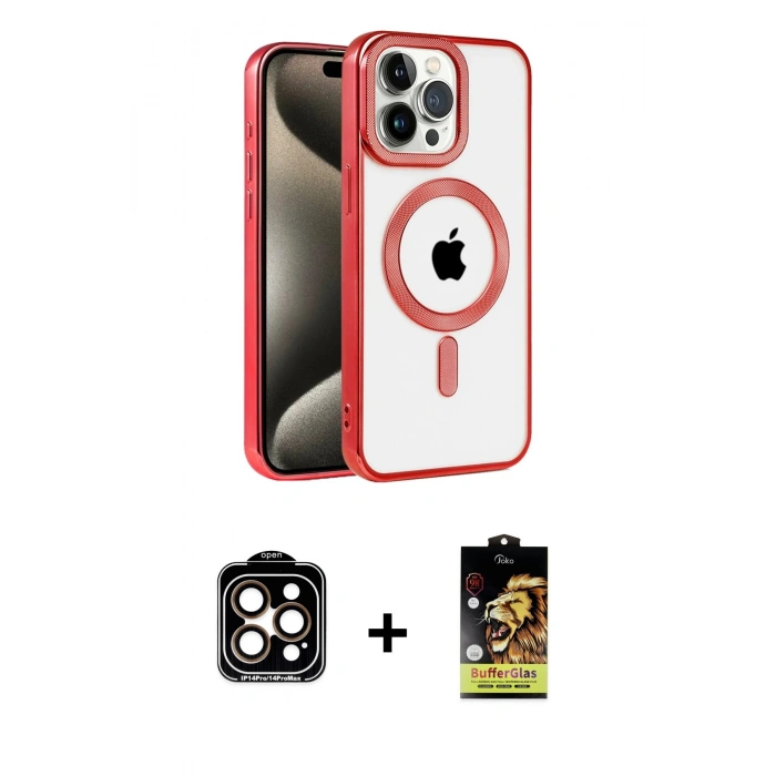 MARSİLYAN™- iPhone 14 Pro Max Kılıf Eksen Form Koleksiyonu - Siyah Buffer Cam Ekran Koruyucu + PVD Metal Kamera Lens - TU