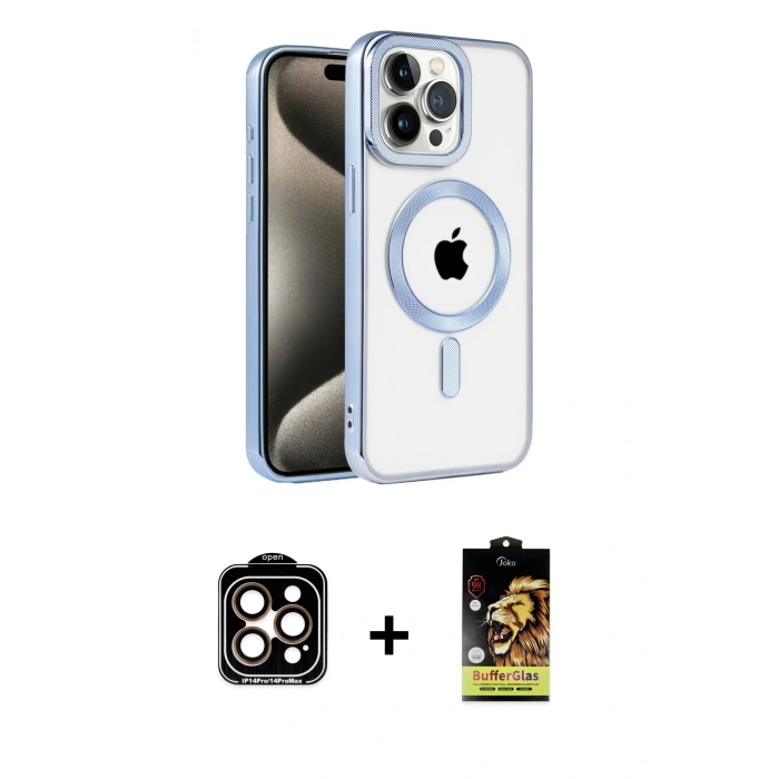 MARSİLYAN™- iPhone 14 Pro Max Kılıf Eksen Form Koleksiyonu - Siyah Buffer Cam Ekran Koruyucu + PVD Metal Kamera Lens - TU