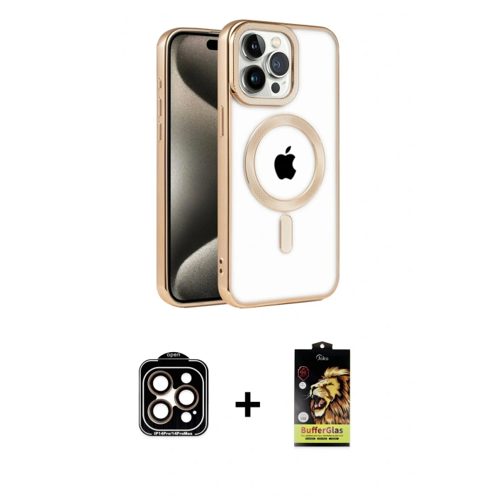 MARSİLYAN™- iPhone 14 Pro Max Kılıf Eksen Form Koleksiyonu - Siyah Buffer Cam Ekran Koruyucu + PVD Metal Kamera Lens - TU
