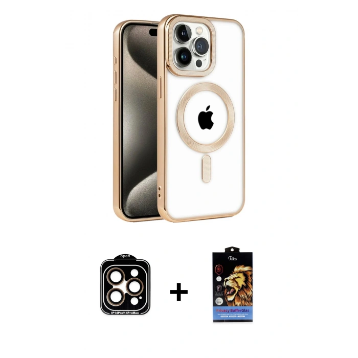 MARSİLYAN™- iPhone 14 Pro Max Kılıf Eksen Form Koleksiyonu - Siyah Buffer Hayalet Cam Ekran Koruyucu + Turuncu PVD Metal Kamera Lens