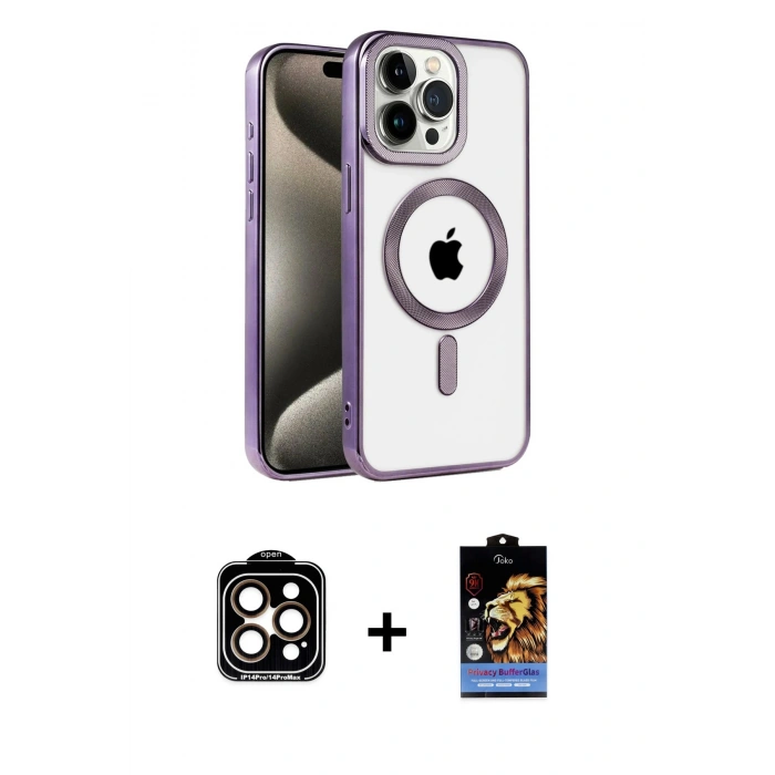 MARSİLYAN™- iPhone 14 Pro Max Kılıf Eksen Form Koleksiyonu - Siyah Buffer Hayalet Cam Ekran Koruyucu + Turuncu PVD Metal Kamera Lens
