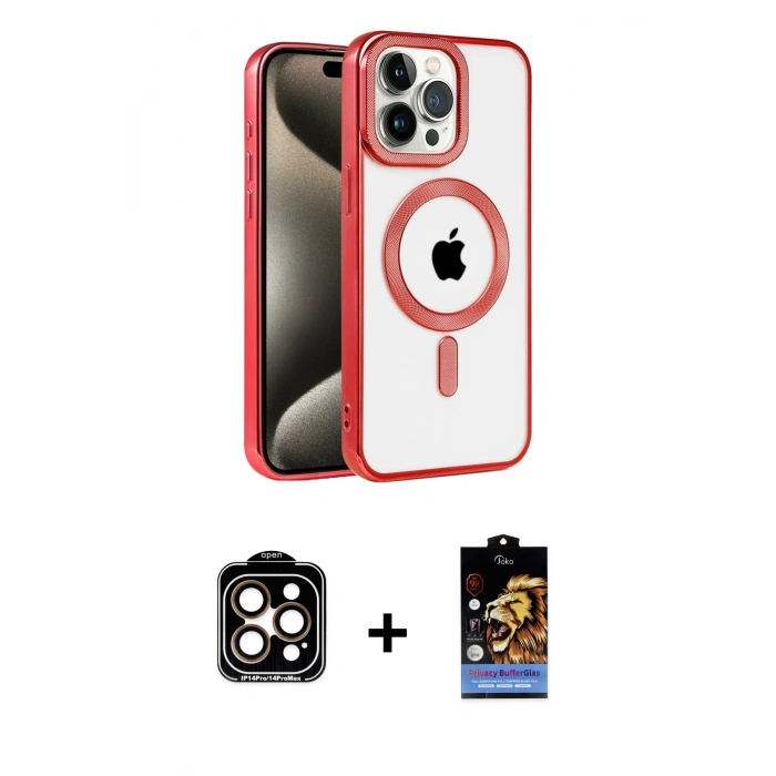 MARSİLYAN™- iPhone 14 Pro Max Kılıf Eksen Form Koleksiyonu - Siyah Buffer Hayalet Cam Ekran Koruyucu + Turuncu PVD Metal Kamera Lens