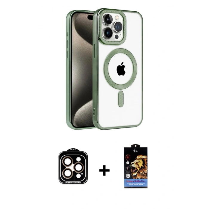 MARSİLYAN™- iPhone 14 Pro Max Kılıf Eksen Form Koleksiyonu - Siyah Buffer Hayalet Cam Ekran Koruyucu + Turuncu PVD Metal Kamera Lens